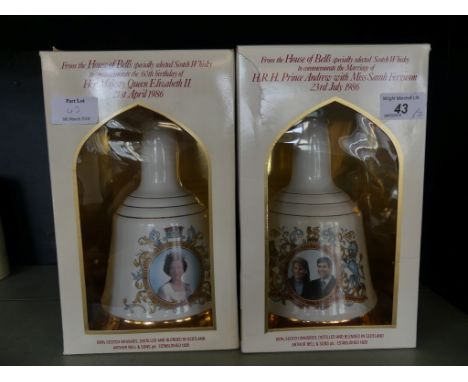 Two cased Bells scotch whiskey decanters (full) 60th birthday of Queen Elizabeth II and the marriage of Prince Andrew and Sar