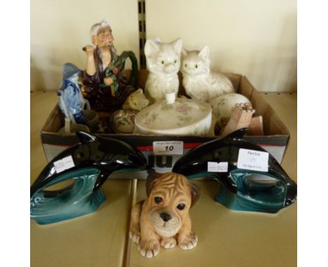 A mixed lot of assorted ceramics to include a pair of Poole dolphins, Wedgwood vase, model animals etc.