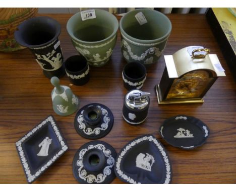 A mixed lot of Wedgwood black and green Jasperwares to include jardinieres, table lighter, various pin trays, candlesticks et