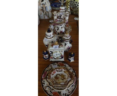 A collection of modern Mason's china wares in mandalay and brown velvet patterns to include table lamp, candlesticks, various