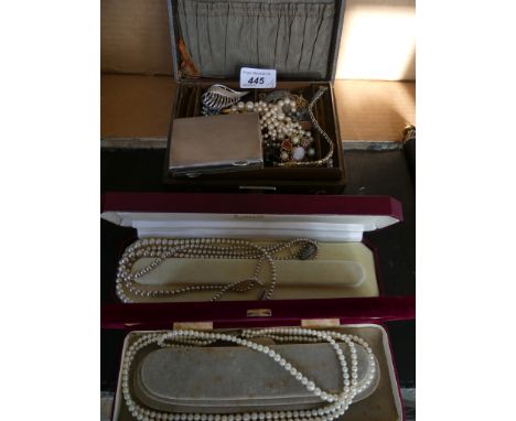 A mixed lot comprising cultured pearl necklaces, silver compact and various assorted costume jewellery.