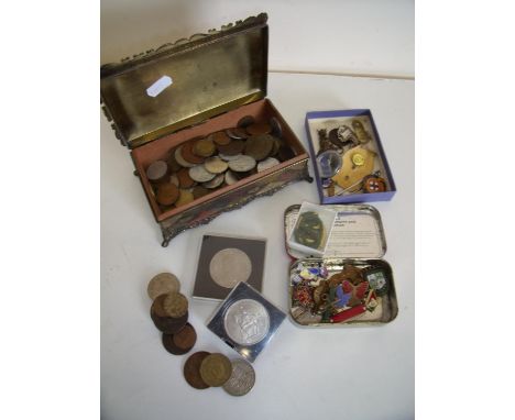 Selection of various assorted GB and world coinage, selection of various enamel lapel badges and fobs including City of York 