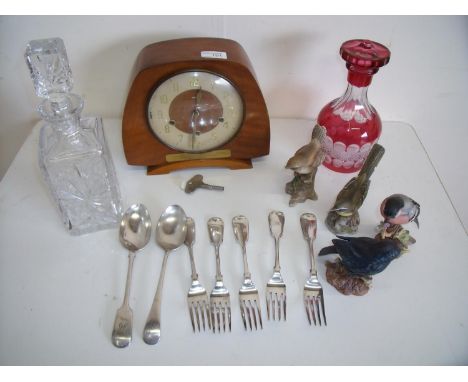 1960s Smiths mantel clock, a cranberry glass decanter, another decanter, selection of plated cutlery and some bird figures 