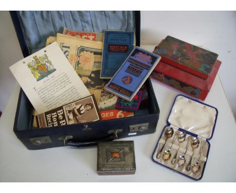 Vintage ladies travel case with a selection of various assorted items including Arts & Crafts table box with pewter and hard 