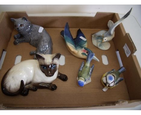 Two Goebel songbirds. a Kingfisher wall plaque, and Beswick and Royal Doulton seated cats 