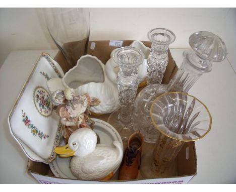Selection of various ceramics and glassware including 1ltr drinking boot, two ceramic swan planters, porcelain lady, Bunnykin