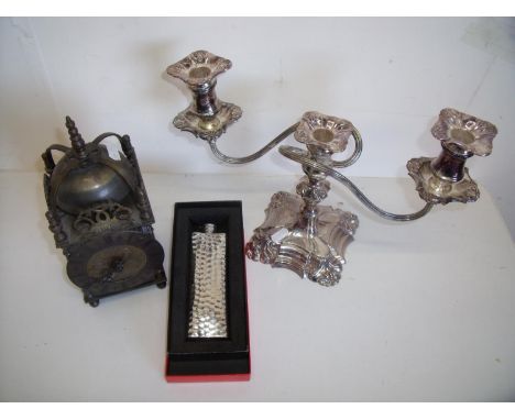 Electric brass cased lantern clock, twin branch silver plated candelabra and a cased English pewter hip flask (3) 