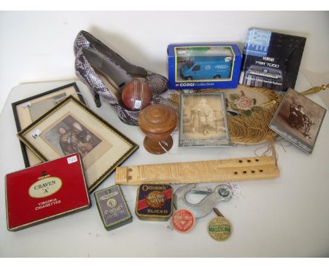 Selection of various assorted items in one box including various cigarette tins, boxed Corgi Collections van, vintage cricket