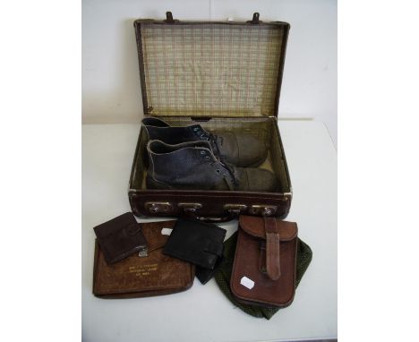 Vintage brown suitcase, set of men's hobnail boots, gents leather wallet, a Freemasons leather pouch etc 