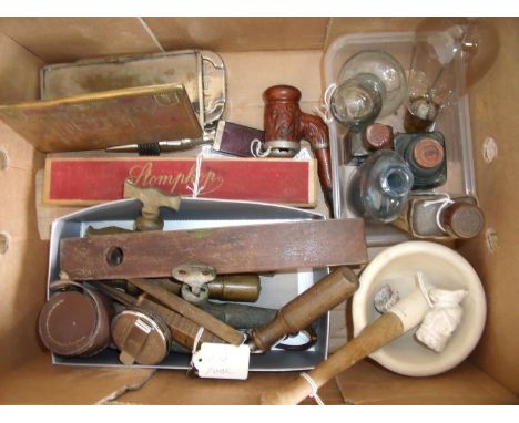 Selection of various vintage tools including spirit level, giant cigar, Wedgwood pestle & mortar, unusual light bulbs, ink bo