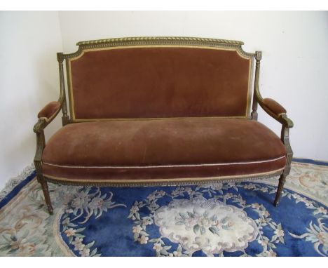 Victorian gilt framed sofa with upholstered seat, back and arms on fluted supports (width 150cm) 