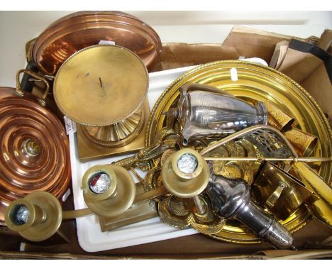 Selection of various copper, brassware, silver plated sugar sifter, hot water jug etc 