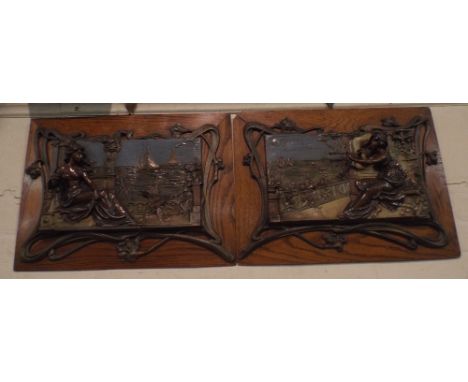A Good Pair of Continental Cold Painted Bronze Effect Spelter Panels Depicting Art Nouveau Maidens Sat on Lake Side Terrace W