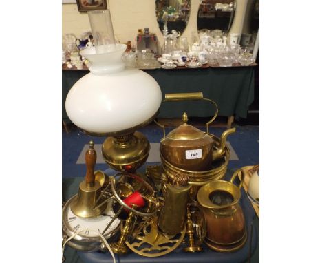 A Tray of Copper and Brass Ware to Include Bell, Oil Lamp, Kettle, Jug Etc.