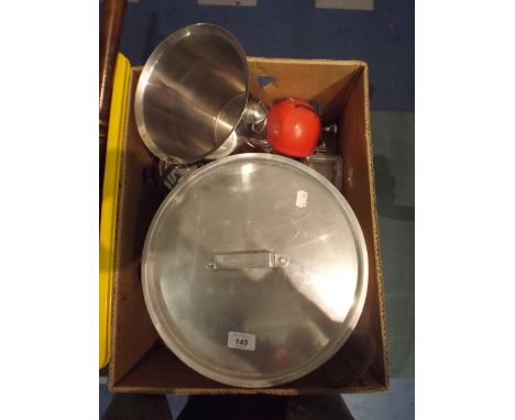 A Box of Kitchen Wares to Include Ice Bucket Large Cooking Pan, Tea Caddy Etc. 