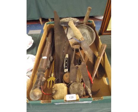 A Box Containing Vintage Tools Including Scoop, Broomock, Shears, Garden Sprays Etc.