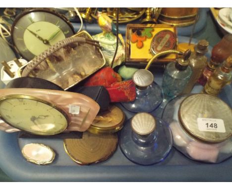 A Tray of Sundries to Include Art Deco Clock, Part Dressing Table Sets, Alarm Clock Etc.