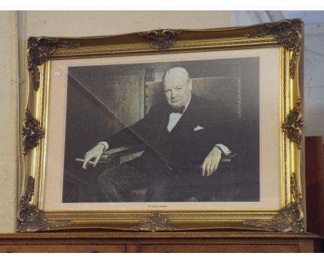 A Large Gilt Framed Print of Sir Winston Churchill. 