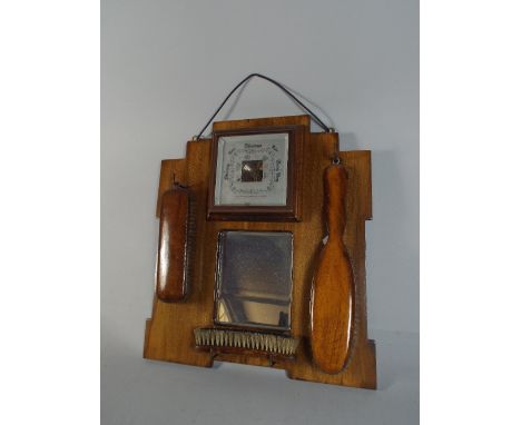 An Art Deco Oak Wall Hanging Hall Tidy with Barometer Mirror and Brushes.