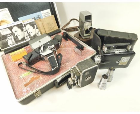 MOVIE CAMERAS. Four 8mm cameras: a Bolex 160 Macrozoom Super 8 camera; a Bolex C8SL, a Bell & Howell 624 & a Kodak Magazine 8