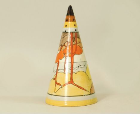 CLARICE CLIFF. A Wilkinson Ltd., Clarice Cliff Bizarre conical sugar sifter in the Coral Firs pattern. Height 13.9cm.