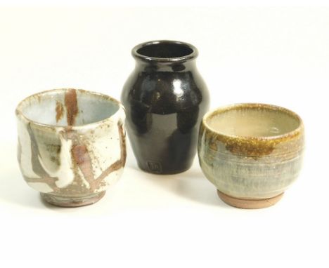 LEACH POTTERY. Two tea bowls by Roelof Uys &amp; Mathew Tyas &amp; small vase by John Bedding, height 8cm.