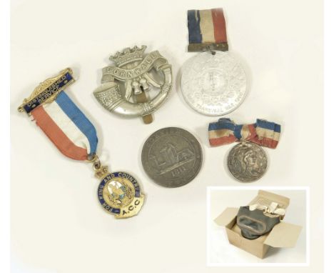 VARIOUS MEDALS ETC. An 1811 Cornish Penny, A Duke of Cornwall's Light Infantry cap badge, a Boer War souvenir medal presented
