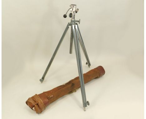 M.O.D. TRIPOD. A CAMBO heavy duty, grey painted metal tripod with canvas carrying bag marked 'S92 Ref. No. 14A/4684 & MOD arr