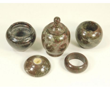 CORNISH SERPENTINE. Five pieces of Cornish serpentine including a desk compass, a napkin ring etc.