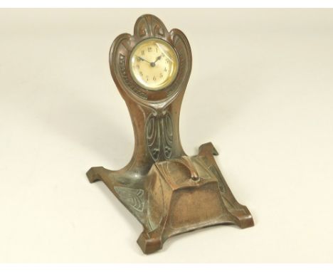 DESK CLOCK. A Secessionist bronze desk clock/inkwell. Unmarked. Inkwell hinge detached, no glass or ceramic liner. Height 17c