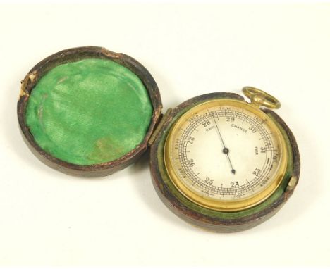 POCKET BAROMETER. A 19th century pocket barometer in hinged leather covered case.