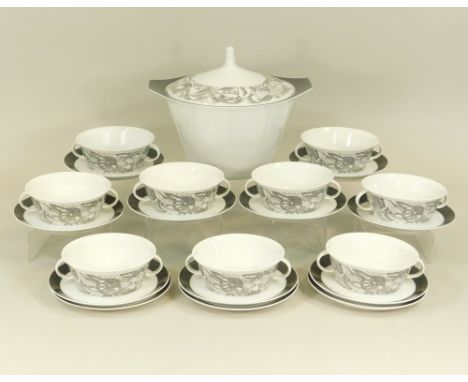 ROSENTHAL.A 1970s Rosenthal porcelain soup service comprising soup tureen, & 9 soup dishes & saucers.