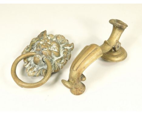 DOOR KNOCKERS. A cast brass lion mask door knocker, height 17cm &amp; one other brass door knocker.