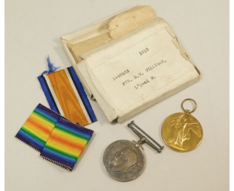 WWI MEDALS. The British War Medal &amp; Victory medal awarded to 3-42923 Pte. R. W. Williams of the Liverpool Regiment. Medal