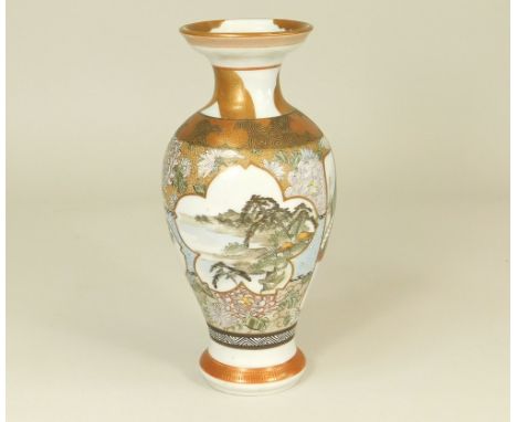 JAPANESE PORCELAIN. A 20th century Japanese porcelain vase, decorated with a principal panel of figures by a lake. Height 21.