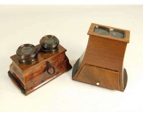 STEREOSCOPIC CARD VIEWERS. Two viewers: a good burr-maple, rosewood & brass adjustable focus viewer & a mahogany viewer marke