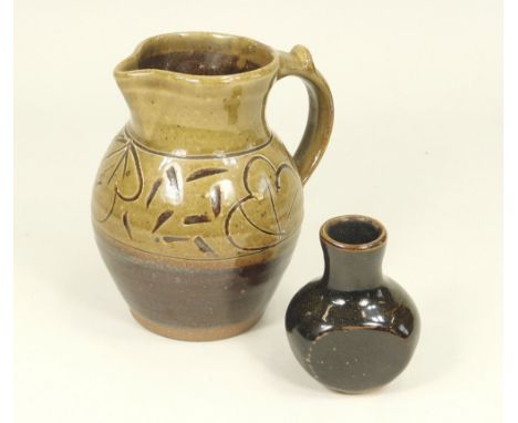 WENFORD BRIDGE. A Wenford Bridge Pottery pitcher with sgraffito decoration, height 17cm. &amp; a small vase with flattened si