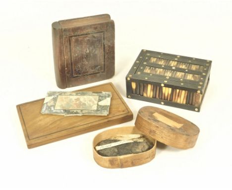 BOXES. An ebonised porcupine quill box, an inlaid book box, a whitewood box with moss copper sample & one other box with glaz