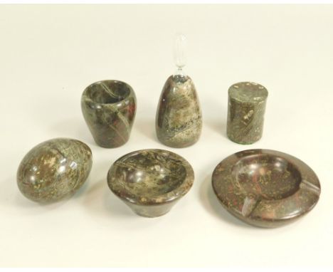CORNISH SERPENTINE. Six small pieces of Cornish turned serpentine, including an egg hand cooler, an egg timer & egg cup etc.