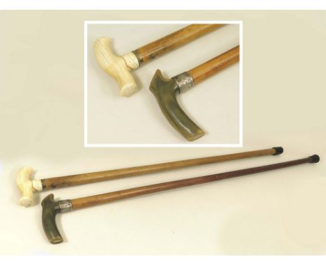 WALKING STICKS. A late Victorian walking stick with horn handle &amp; silver collar. Also one other walking stick, the handle