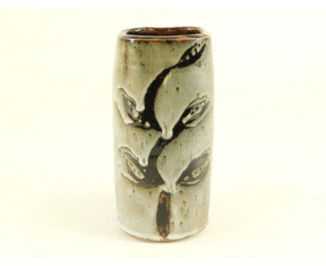 DAVID LEACH. A Lowerdown resist decorated, squared cylindrical vase. Height 19cm. Personal &amp; Pottery marks.