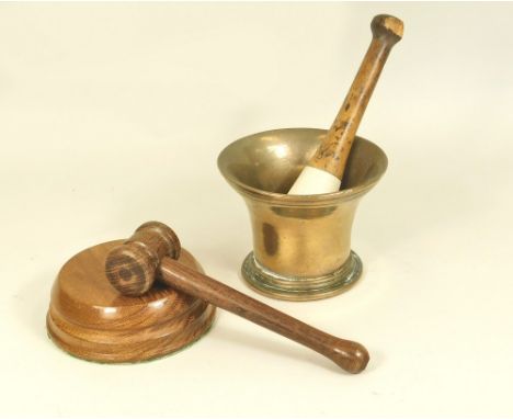 PESTLE &amp; MORTAR. A 19th century bronze mortar with ceramic pestle. Also a turned gavel &amp; stand.