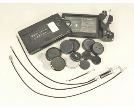 MISCELLANEOUS. Wray 'Grafmatic & Polaroid 545 film holders, cable remote shutter releases & various lens caps etc.