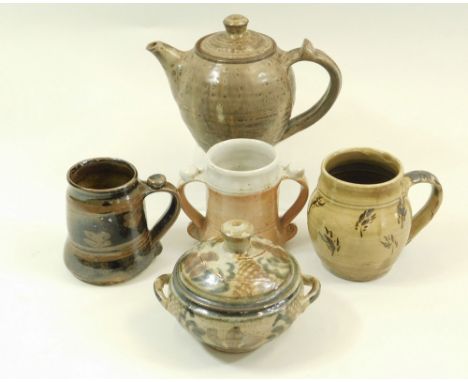 SETH CARDEW. A pint teapot, height 15cm, three half-pint mugs &amp; a twin handled lidded bowl. All Wenford Bridge with impre