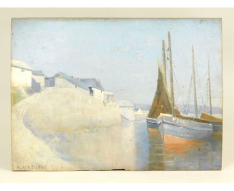 ERNEST R. IRELAND BLACKBURNE. (Newlyn School). Fishing boats at Newlyn harbour, early morning. Oil on board. Signed. 26 x 36c
