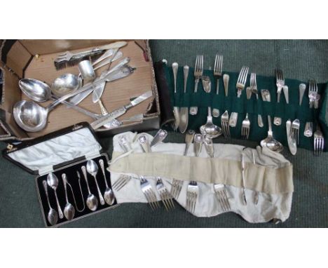 A silver plated fiddle and shell pattern basting spoon, matching ladle &amp; flatware, with two mother-of-pearl handled servi