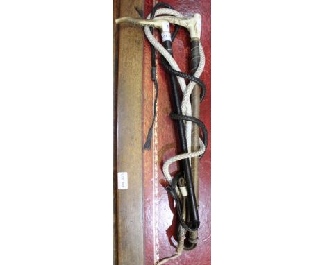 A Ladies Hunting Whip by 'Merry, 43 Dover St, W.1.' with antler grip, plated collar engraved 'OSB' &amp; plaited leather shaf