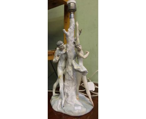 A Lladro ceramic table lamp in the form of Harlequin and a ballerina dancing around a tree
Condition: Condition good, no loss