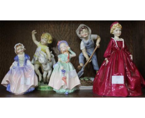 A selection of five bone china figures, includes Royal Worcester "Aril", "Saturdays Child", "Grandmothers Dress" and two Doul