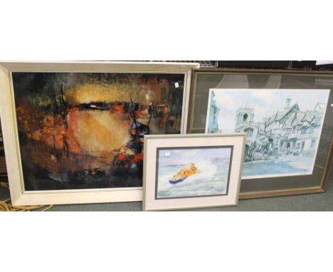 A Sturgeon signed print of The Lord Leycester Hospital in Warwick, a watercolour of a life boat, and one other print